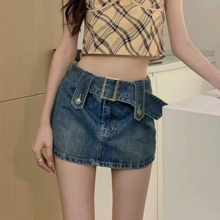 High Waist Denim Mini Skirt Women's Hong Kong Style Sexy Short Skirt Bodycon Cotton Blend Washed Pure Color Sumeer w65