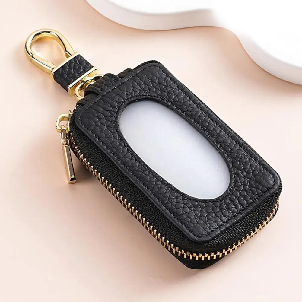 Universal Car Key Bag PU Leather Car Key Holder With Clear Window Smart Key Fob Case Key Pouch Car Remote Keychain Women Man