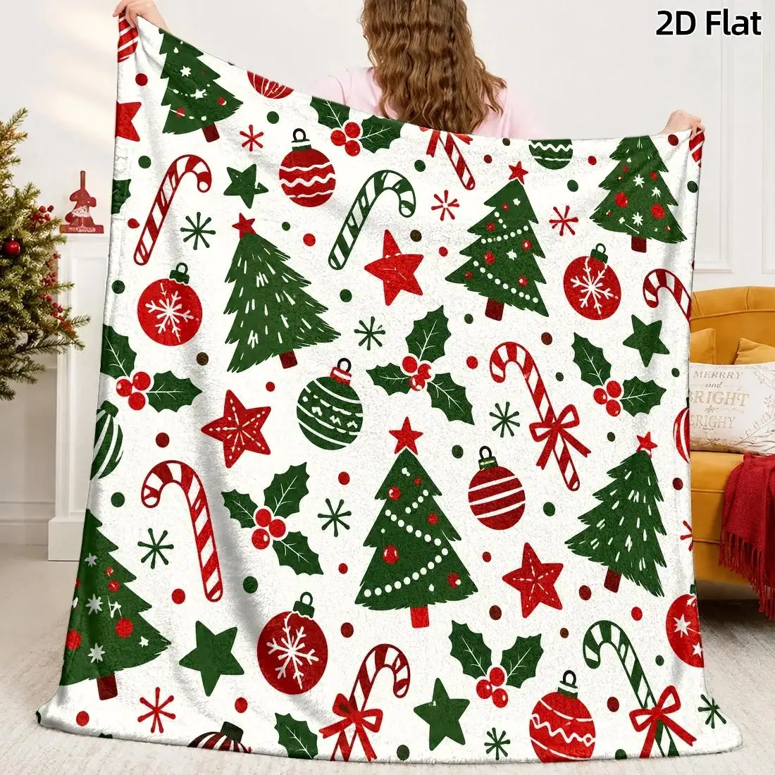 1pc 2D Flat DIY Coloring Throw Blanket, Christmas Tree Ornaments Line Art, Whimsical Watercolor Holiday Illustration Blanket