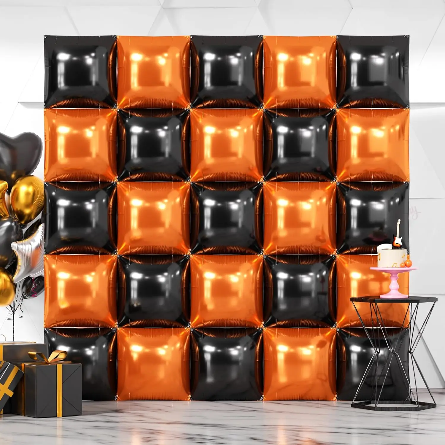 Quadratisches Ballon-Hintergrundwandset aus schwarzer und orangefarbener Aluminiumfolie, doppelseitige Luftballons, die für die Halloween-Party-Dekoration verwendet werden