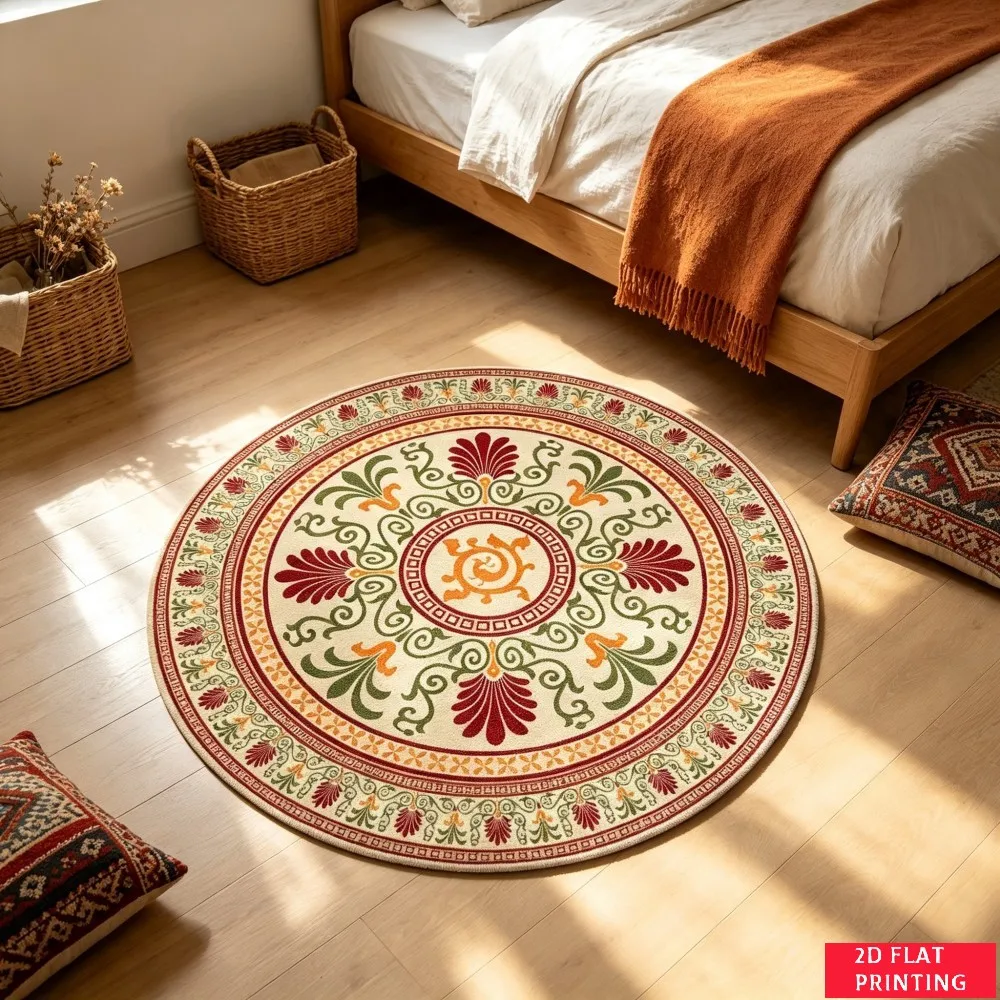 Vintage Greek Roman Medallion Ornament Round Rug For Classical Home Accent Featuring Red Green Gold Border Carpet Vibe