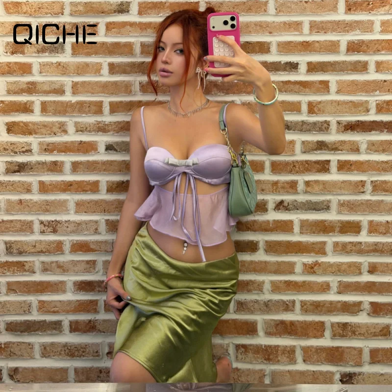 QICHE 2026 Summer French Style Women Slip Dress Sexy Low‑Cut Neck Waist‑Cinching Elegant Flowy Sleeveless Party Midi Dress