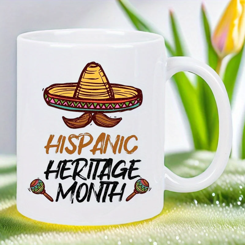 

Hispanic Heritage Month Ceramic Coffee Mug - White with Brown & Green Design, Hand Wash Only, Reusable Multipurpose Cup for Hot