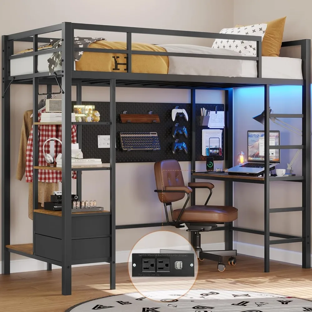 Loft Bed Twin Size with Desk and Charging Station Metal Loft Bed with Led Lights,Storage Shelves and Drawers Twin Bed Frame