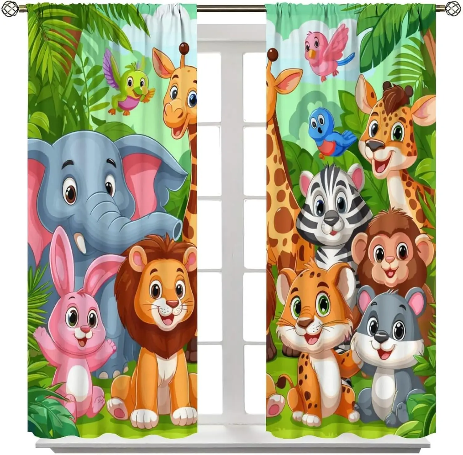 Kids Forest Animal Curtains, Cartoon Watercolor Forest Plant Lion Elephant Bird Rabbit Wildlife Window Treatments Drapes for