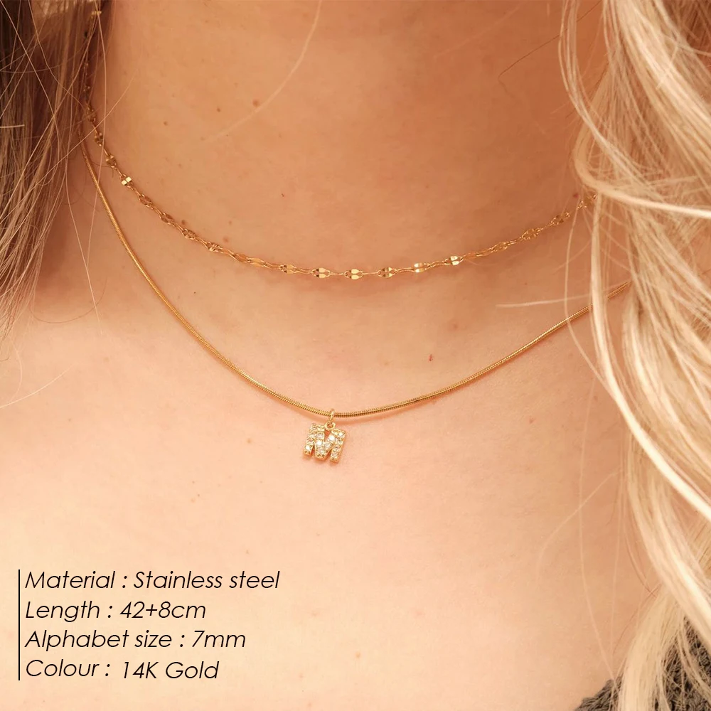 EMANCO Double Stainless Steel Round Snake Chain Necklace Light Luxury Zirconia Alphabet Pendant  Fashion Jewelry Wholesale