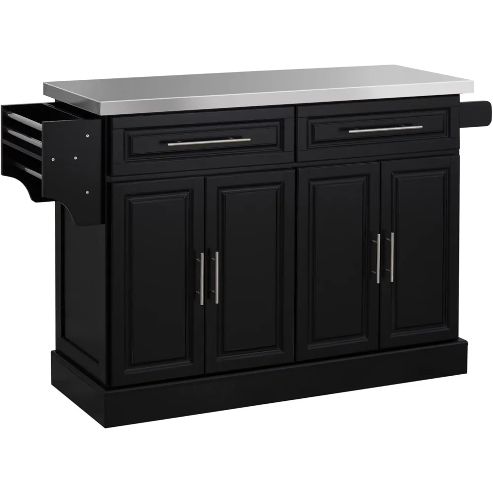 Rolling Kitchen Island with Storage, Portable Kitchen Cart with Stainless Steel Top, 2 Drawers, Spice, Knife and Towel Rack