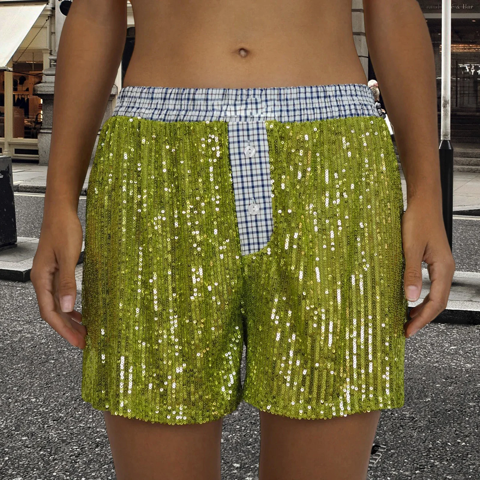 2025 Women's Patchwork Pajama Shorts Sparkly Sequined Striped Trim Low Rise Sleep Shorts for Summer
