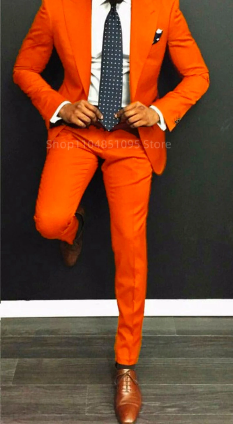 

Elegant 2 Pieces Orange Men Suits Slim Fit Peak Lapel Blazer Pants Sets Wedding Groom Tuxedos High Quality Prom Party Dress Set