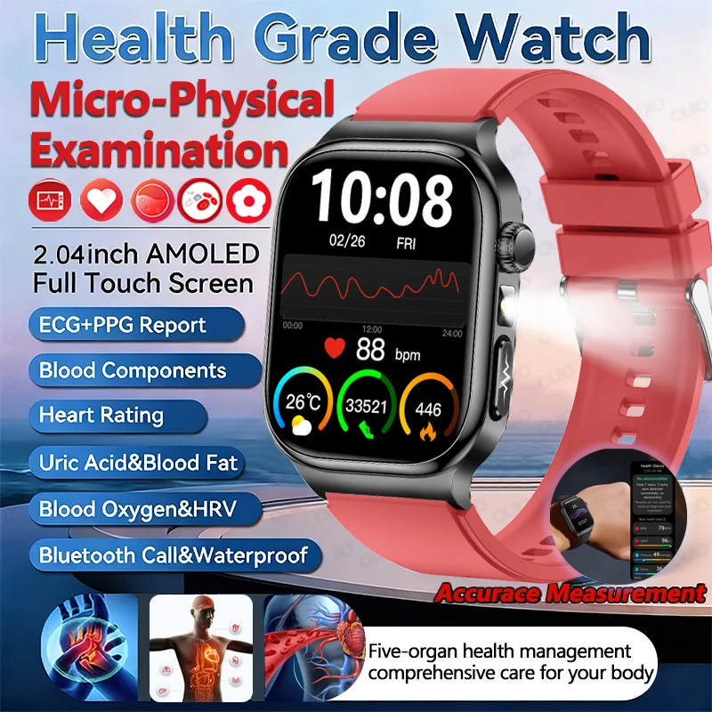 

2025 New ECG Smart Watch Blood Lipids Uric Acid Five-organ Health Blood Pressure Temperature Heart Rate Flashlight Smart Watch