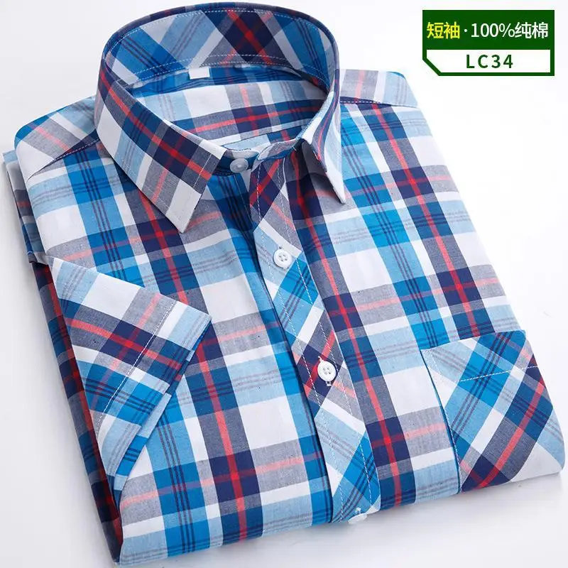 Summer 7XL 8XL plaid cotton men\'s short-sleeved shirt Business casual fashion comfortable lightweight breathable high quality