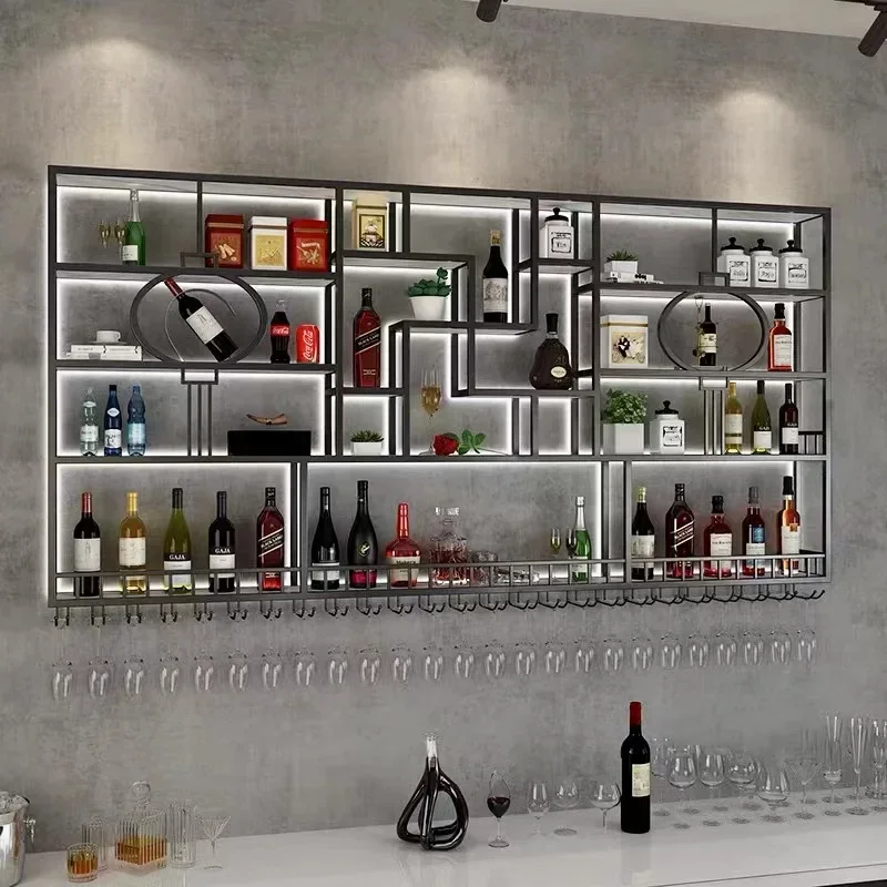 

Luxury Storage Bar Cabinet Wall Mounted Illuminated Ironwork Commercial Wine Rack Creative Customized Mueble Bar Gold Furniture