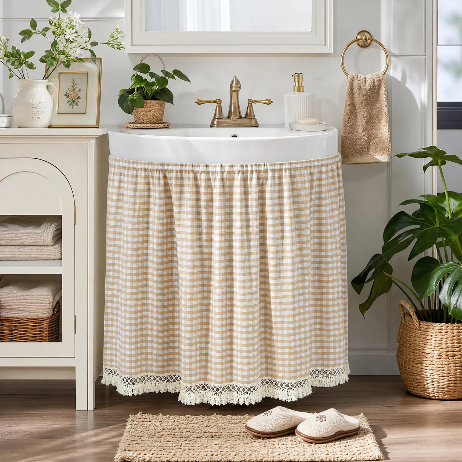 Farmhouse Plaid Sink Skirt, Self-Adhesive Table Skirt with Tassel Hem, for Kitchen Window Cover, Extra Narrow Curtain