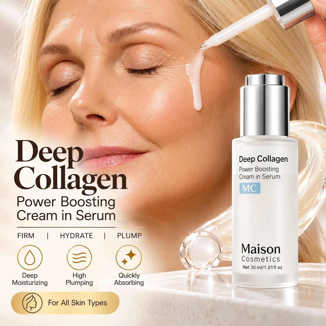 Deep Collagen Power Boosting Cream in Serum 30ml Fast Absorbing Deep Hydration Plump Firming Improve Fine Lines Korean Skincare