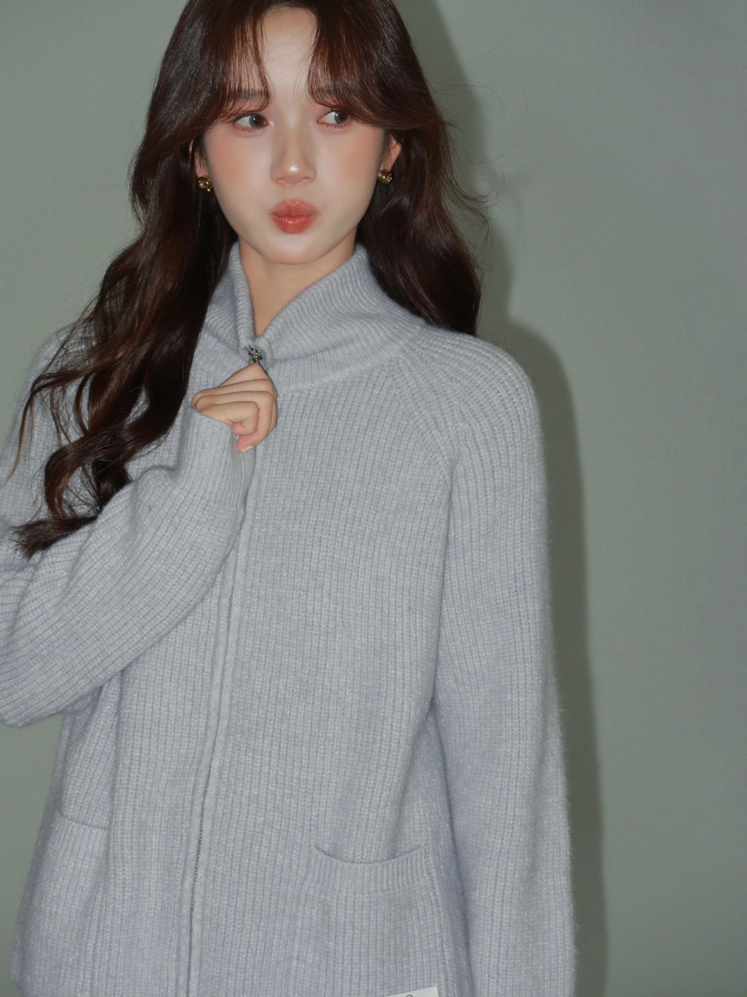 Casual Loose Sweater Zipper Knit Cardigan Spring Stand Collar Raglan Jacket for Women Fashionable Comfortable Layering Outfit