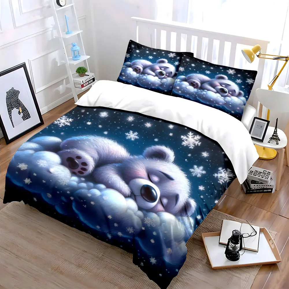 Little Bear on Dreamy Cloud Print Bedding Set 1 Duvet Cover 2 Pillowcases for Adult and Children Luxury Gift Full Size