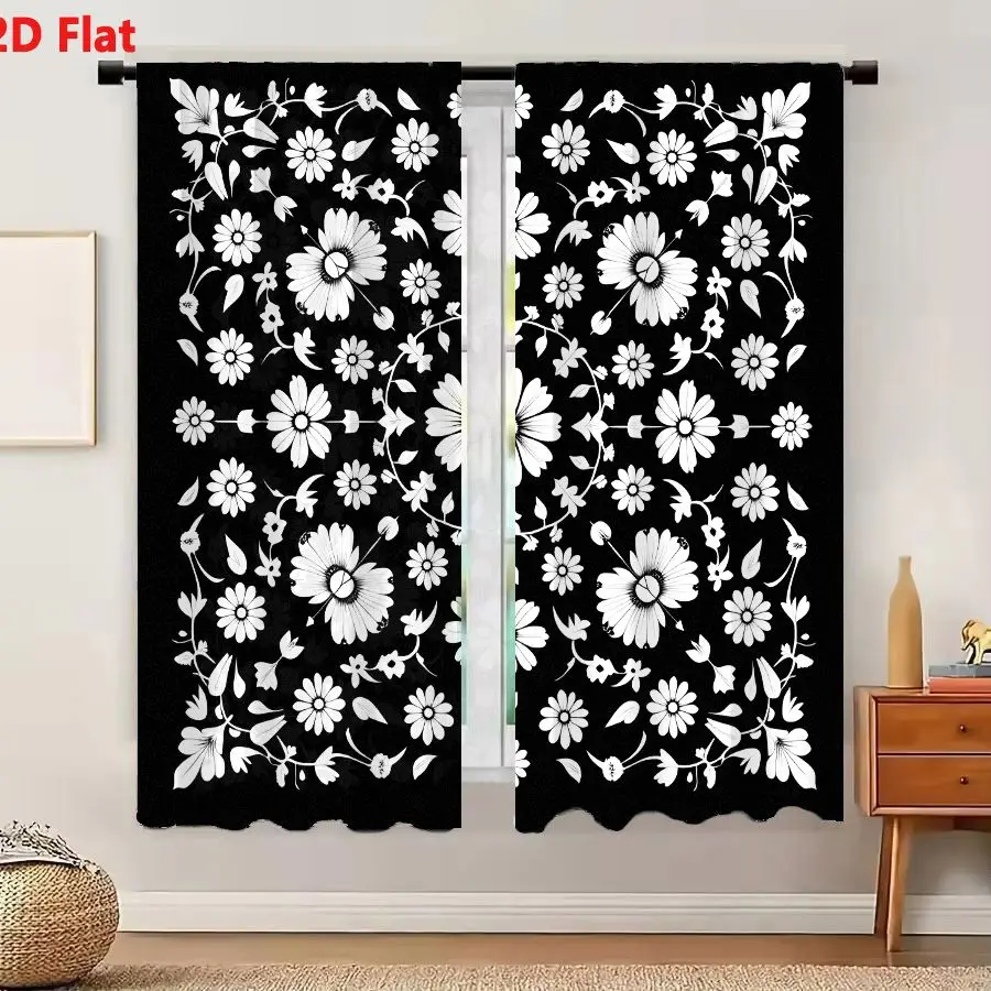2Pcs Curtains 2D Flat Black And White Floral Pattern Symmetrical Daisy Star Shaped Flowers Leaves Decorative Motif For Wallpaper