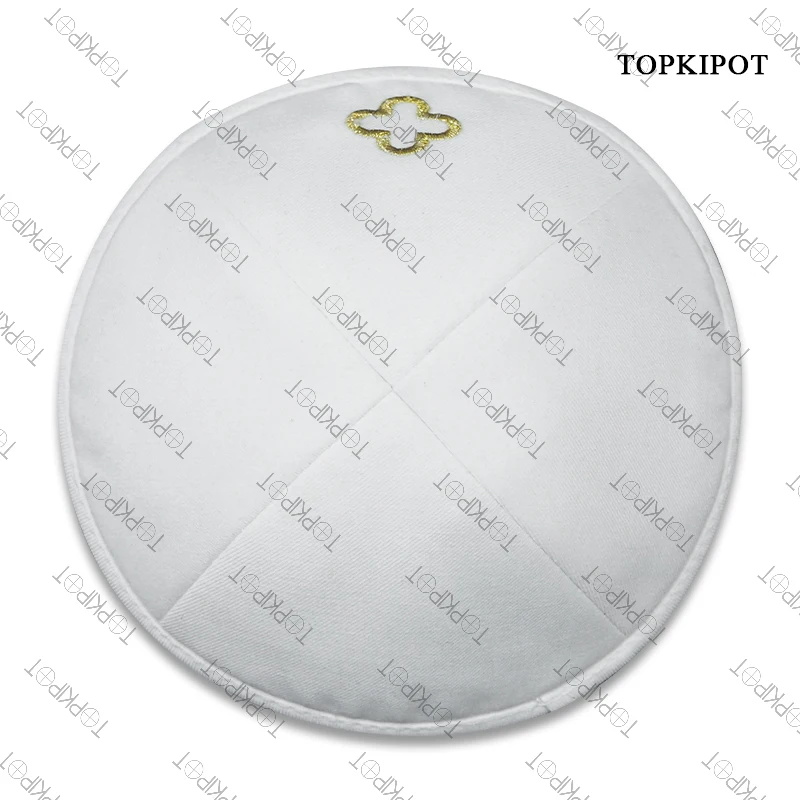 21cm Hot Sale White Linen Flame Embroidery Kippa Bar Mitzvah Yarmulke Judaica Hat Jewish Kippah Logo Classic white