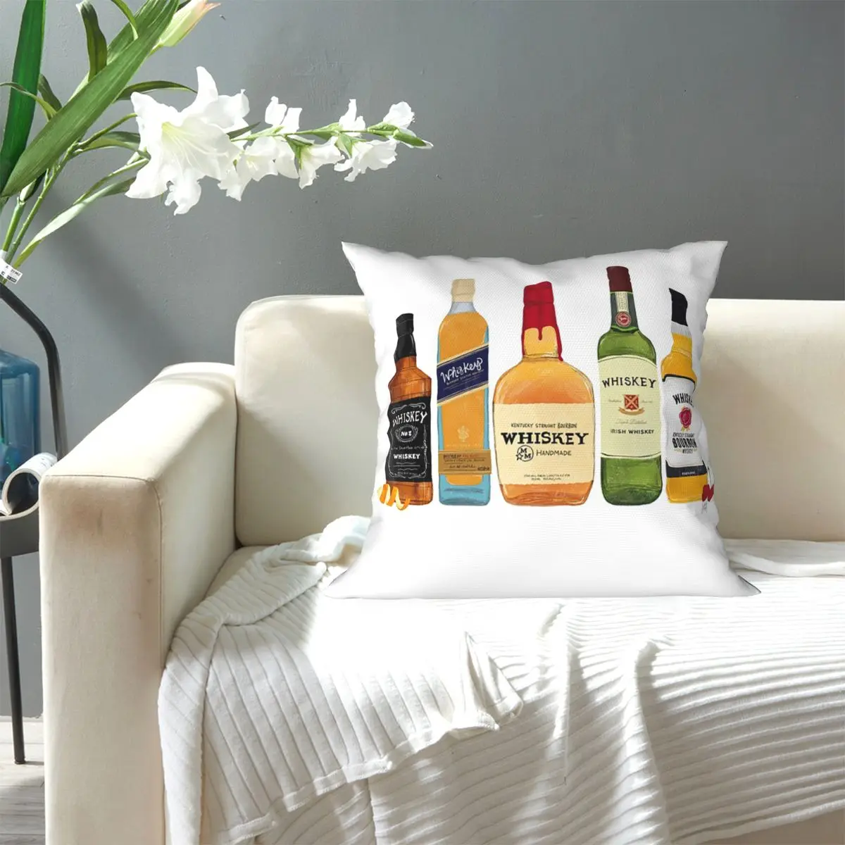 Whiskey Bottles Illustration Square Pillowcase Pillow Cover Cushion Decor Comfort Throw Pillow for Home Sofa