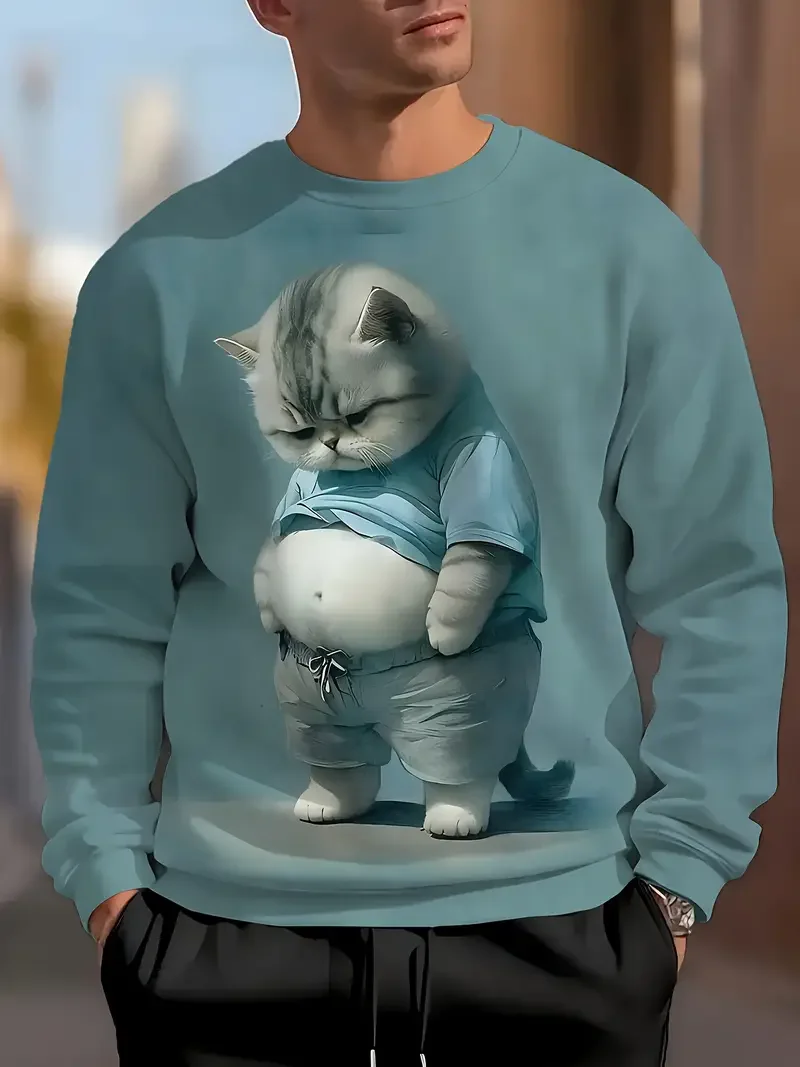 New Men'S Funny Angry Cat Graphic Sweatshirt Black Casual Pullover Fall Outdoor Activities Women's Hoodies Streetwear Baggy