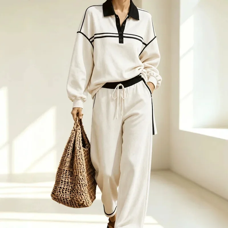 Fashion Women's Autumn Tracksuit With Stripes Pants Oversize Classic Two Piece Set Casual Colorant Match Trouser Suits For Women