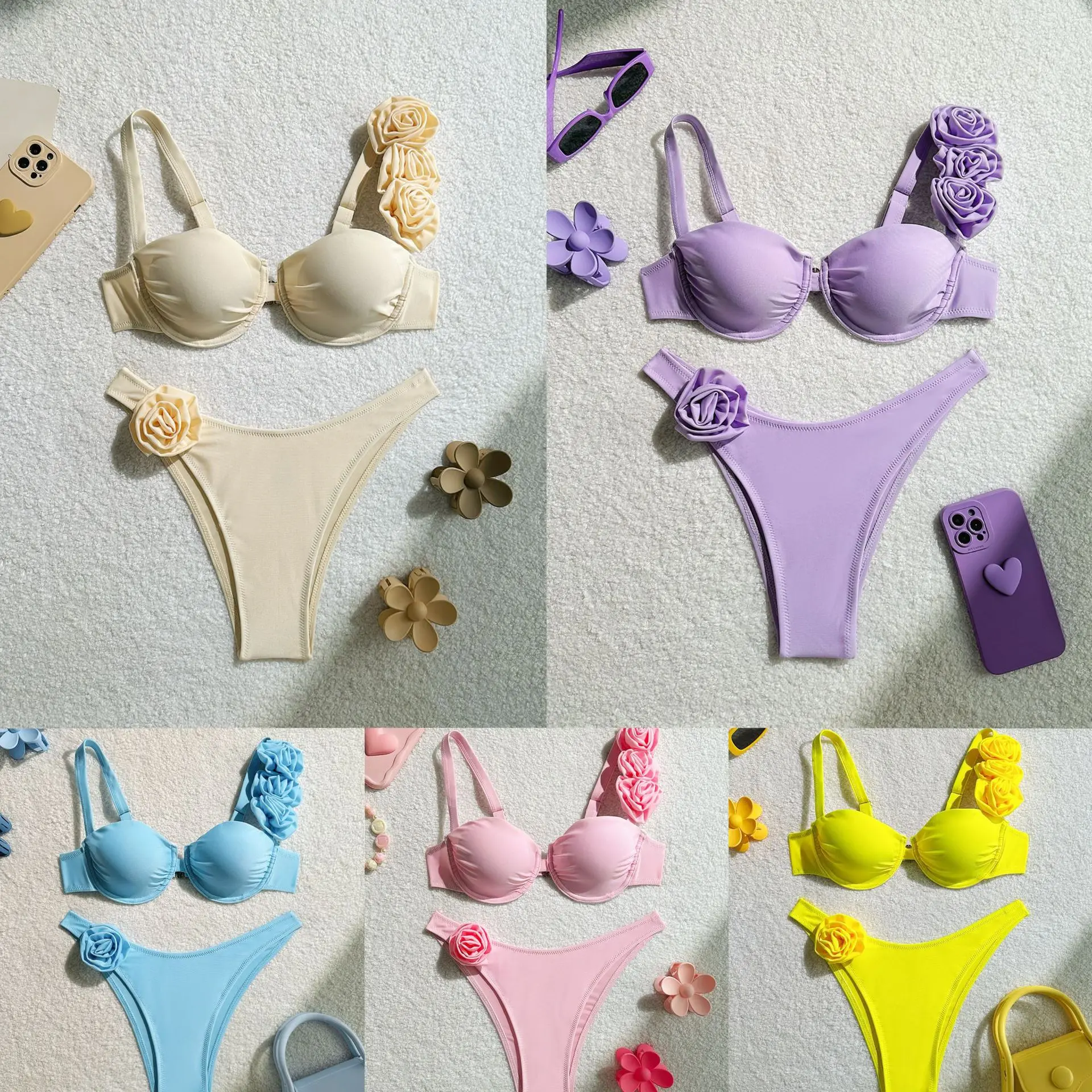

New Sexy Solid Color Flower Steel Tray Gathers Women's Bikini Swimsuit