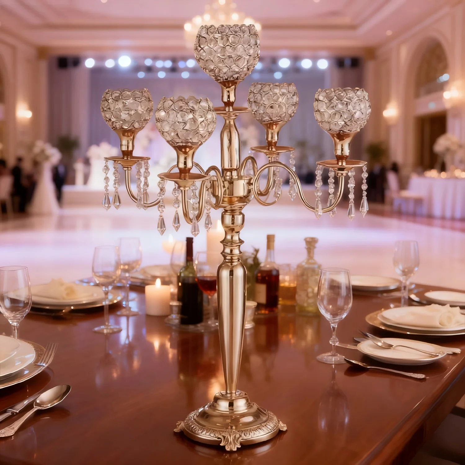 

10pcs Luxury Crystal Candelabra 5-Arm Gold Plated | Elegant Table Centerpiece Candle Holder for Wedding Dining Room Home Party