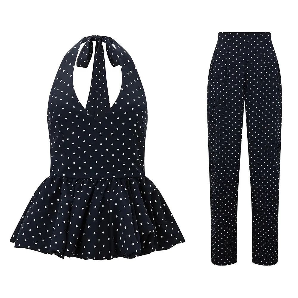 Printed Polka Dot Set Full Length with Sexy Private Celebrity Style Spring Summer Sleeveless Tank Top and Long Pants Women Sets