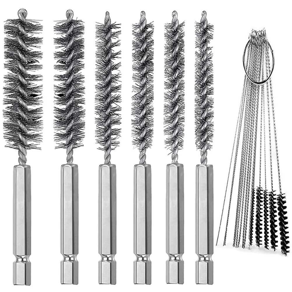 Stainless Steel Bore Brush,Twisted Wire Brush with Handle 1/4 Inch Hex Attachment Drill Set for Tubes Ports Bearings