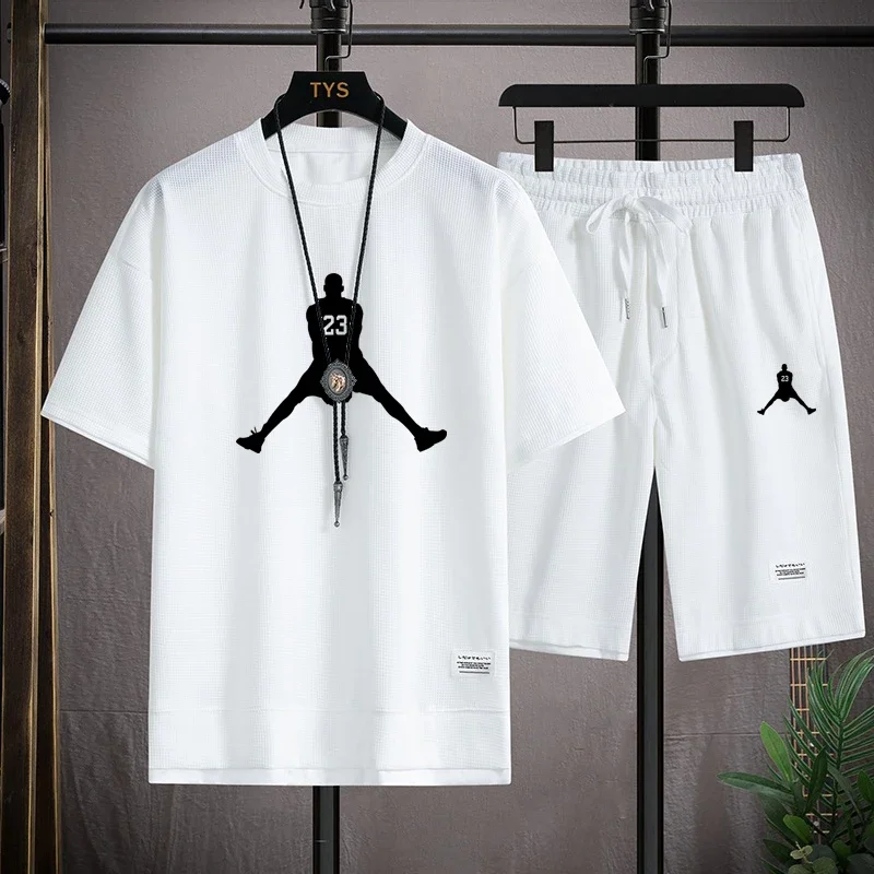 

2025 Summer Fashion men's Waffle Casual T-shirt and Shorts set Basketball player cotton and linen brand breathable and quick-dry