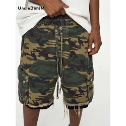 Distressed Double-layer Cargo Shorts Retro Workwear Pocket Camouflage Shorts Summer Capris for Men