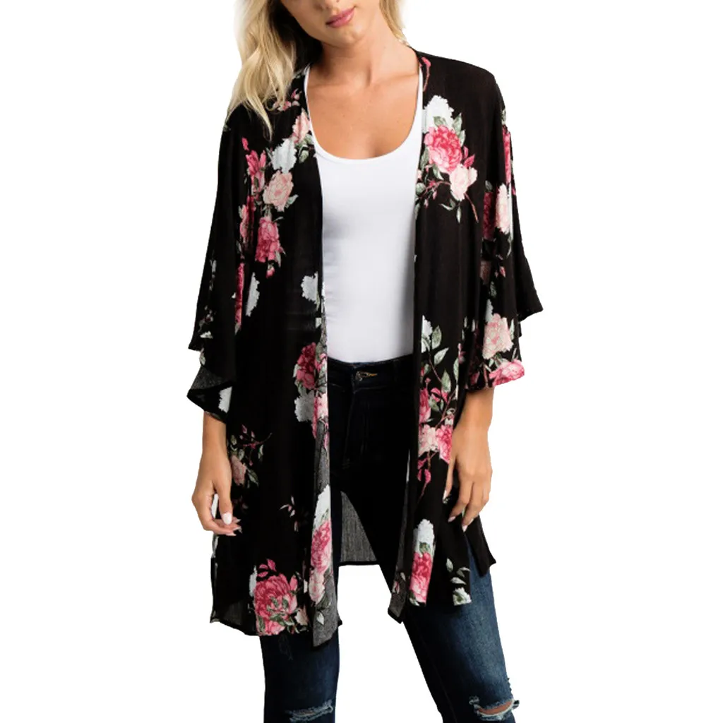 Clothes Women Chiffon Shawl Floral Print Kimono Cardigan Top Large Size Loose Beachwear Cover Up Blouse /PT