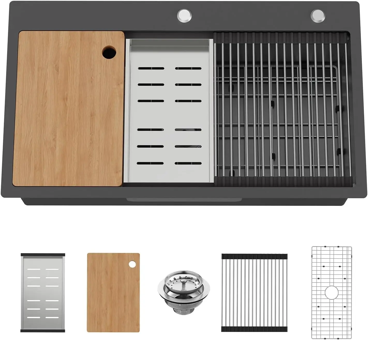 

Черная рабочая станция с одной чашей из нержавеющей стали с сеткой, сушильной стойкой, дуршнем и разделочной доской — 33x19 дюймов