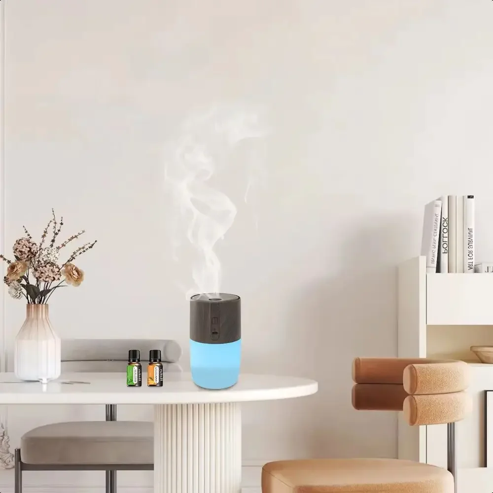 

Ультразвуковой увлажнитель для ароматерапии с древесным зерном, 300 мл, с 7 светодиодами, меняющими цвет, 2 бутылки для образцов эфирного масла в комплекте