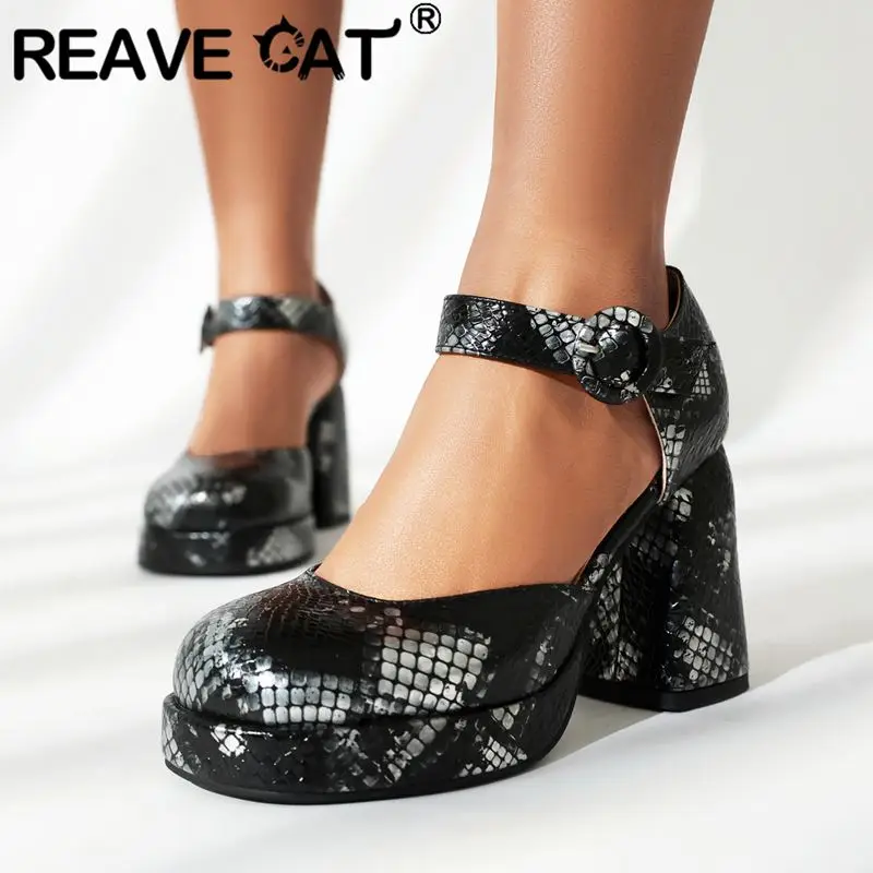 Reave cat moda feminina bombas dedo do pé redondo bloco salto alto 9.5cm plataforma 2cm fivela cinta tamanho 47 48 sapatos de festa mistos