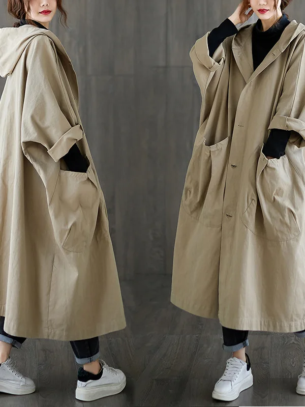 

Color Hooded Windbreaker Jaet Street Sle Loose Fit Polyester Fiber Long Sve Mid-Length Coat Single Button Closure