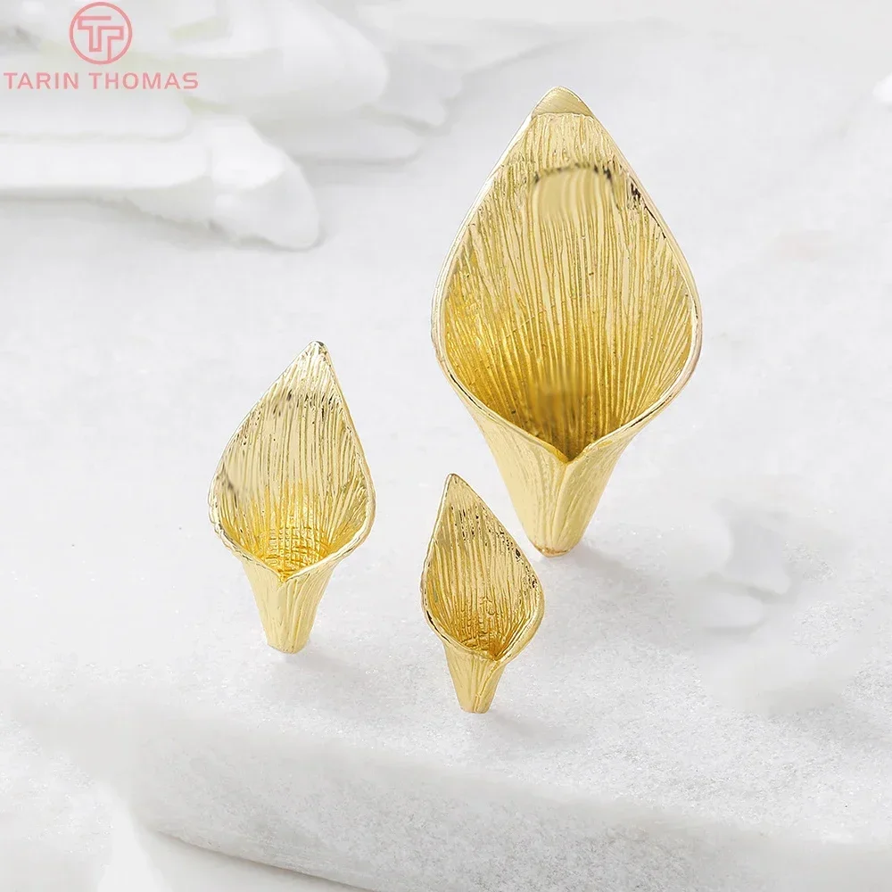 (3603)6PCS 8x14MM 10x19MM 24K Gold Color Plated Brass Lily Flower Beads Caps Tassel Caps High Quality Jewelry Accessories