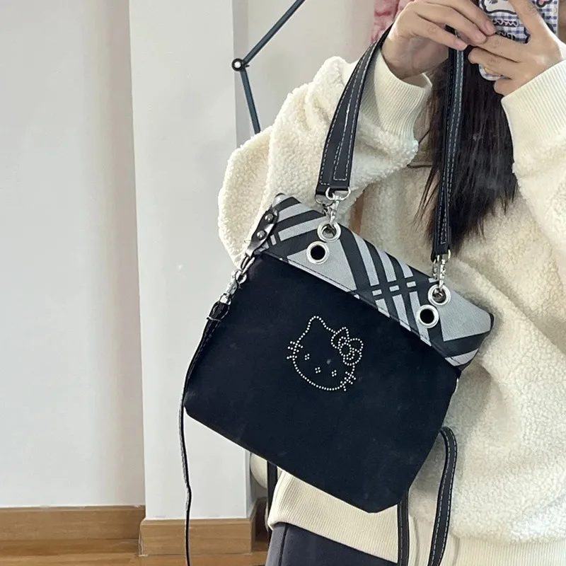 

Kawaii Hello Kitty Handbag Fashion Cartoon KT Cat Double Sided Rhinestone Large Capacity Shoulder Bag Canvas Bag Holiday Gifts