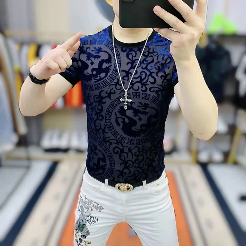Dragon Pattern Flocked Burnout T Shirt For Men Short Sleeve Slim Summer Quality Velvet Hollow Out Breathable Camisetas De Hombre