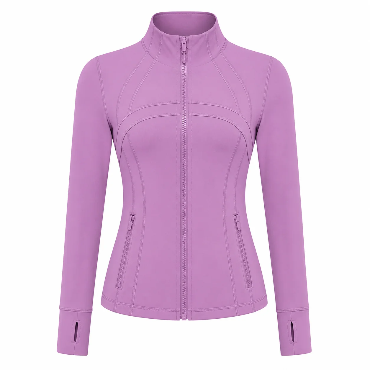 Chaqueta Deportiva para Mujer, Color Morado Malva, Corte Ajustado, Cierre Completo, Cuello Alto, Manga Larga, con Orificios para Pulgares, para Entrenamiento, Running, Yoga