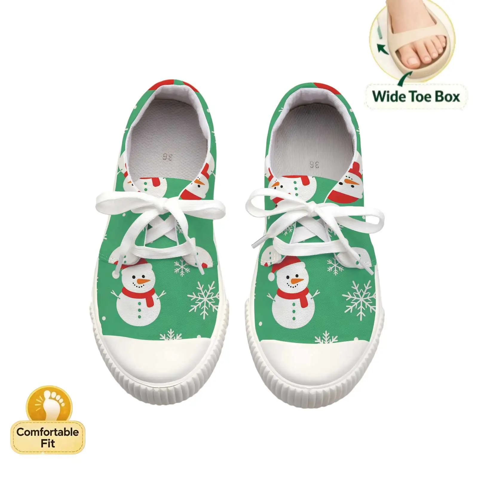 Women Christmas Snowman Print Lace Up Sneakers Wide Round Toe Flat Shoes For Daily Commute Walking Holiday - view 4