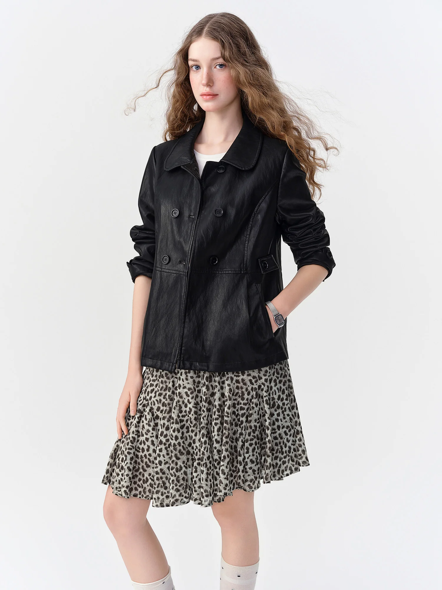 DUSHU 2026 Fall New Women's Charcoal Double-Breasted Doll Collar Leather Jacket Cool Chic Outerwear Available in Multiple Sizes