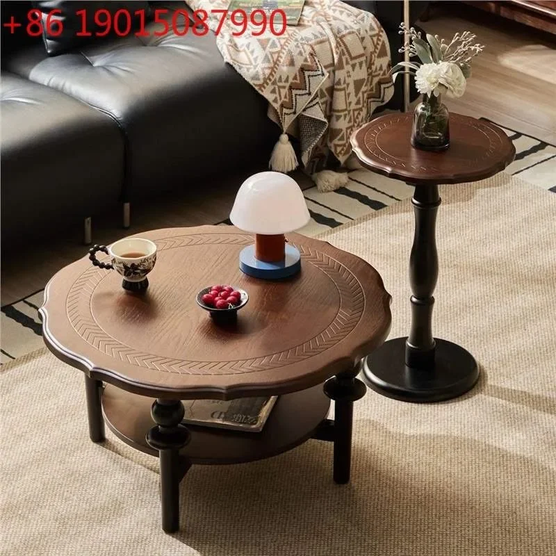 Medieval solid wood coffee table living room home 2026 new small apartment sofa side table French retro round coffee table