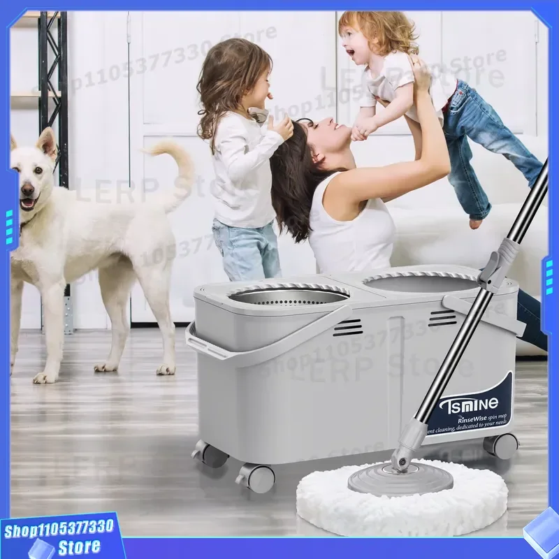 360 Degree Spin Mop and Bucket Set with Wheels Dual Compartment for Clean Dirty Water Easy Twist Wringer Floor Cleaning Tool