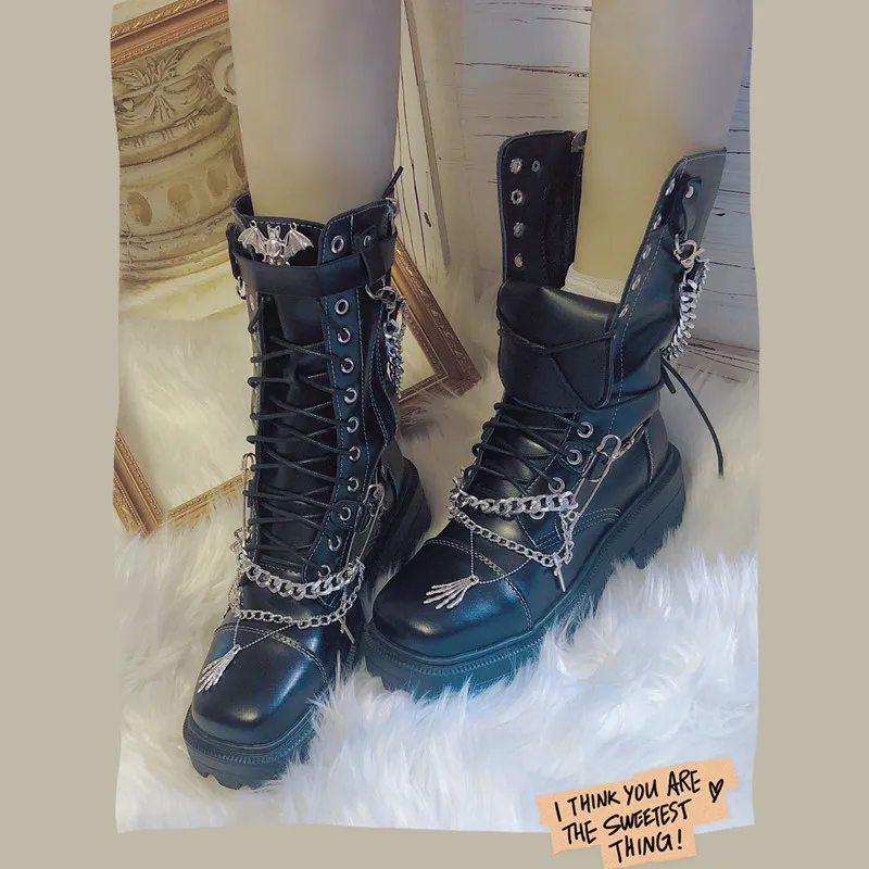 

Lolita Cross Dark Wind Punk Martin Boots Women's Shoes Thick Bottom Tube Chain Women Shoes Gothic Kawaii Snow Boots Loli Cos