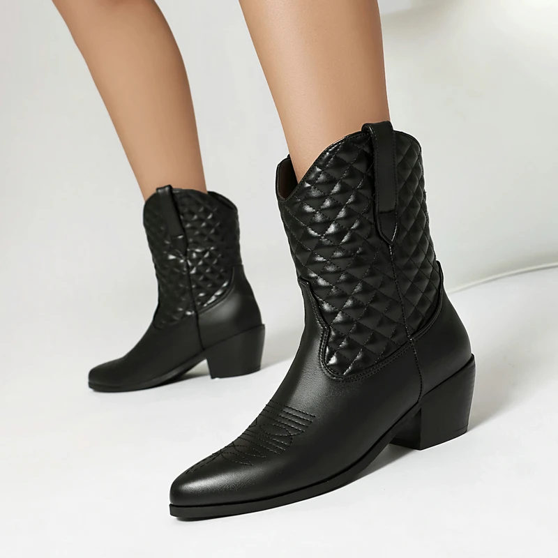 

Big Size 47 48 Round Toe Chunky High Heels Embroidery Western Cowboy Boots Pink Brown Quilted Shaft Low Calf Goth Women Shoes