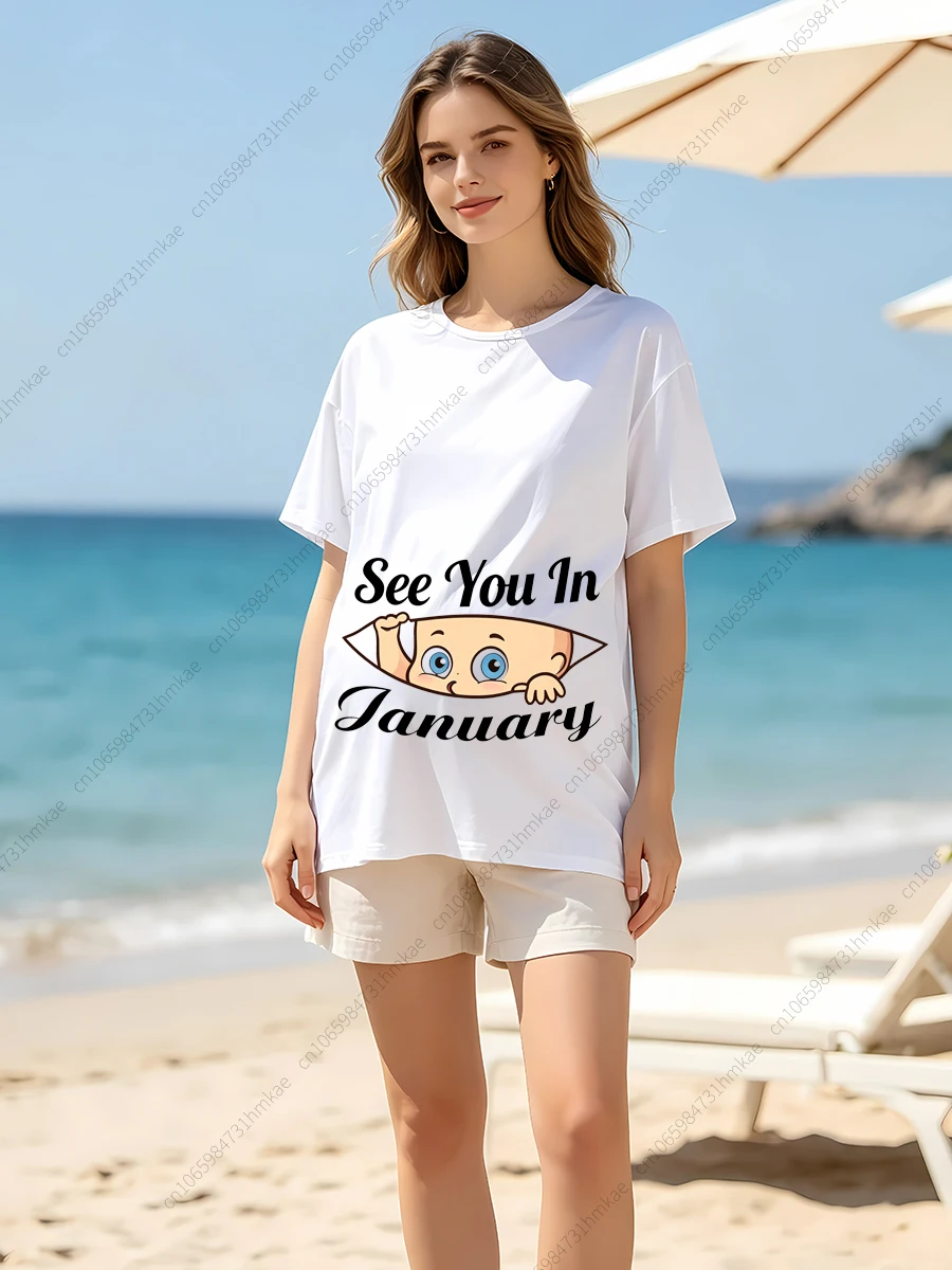 1Pcs See You in January Printing T Shirts for Pregnant Mother Tshirts for Women Short T Shirts for Woman T-shirts Lady Tops Tees