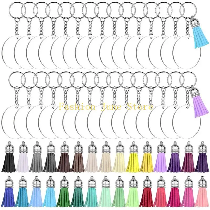 N5KA 120Pcs Round Clear Discs Circles Tassel Acrylic Keychain Blanks with for Key Rings Transparent Acrylic Ornaments Blanks