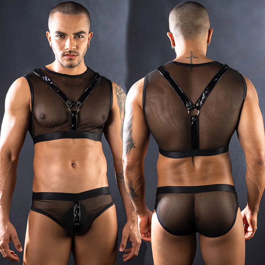 JSY Sexy Lingerie Men Underwear Set Black Leather Harness Top And Pants Set Bodysuit Nightwear Erotic Lingerie Porno Costumes