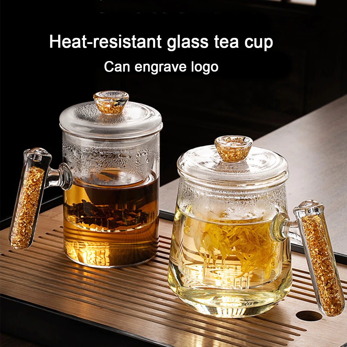 

(Can Engrave Logo) 460/520ML Heat-resistant Glass Tea Mug, Office Water Cup With Gold Foil Handle, Coffee Cup With Lid